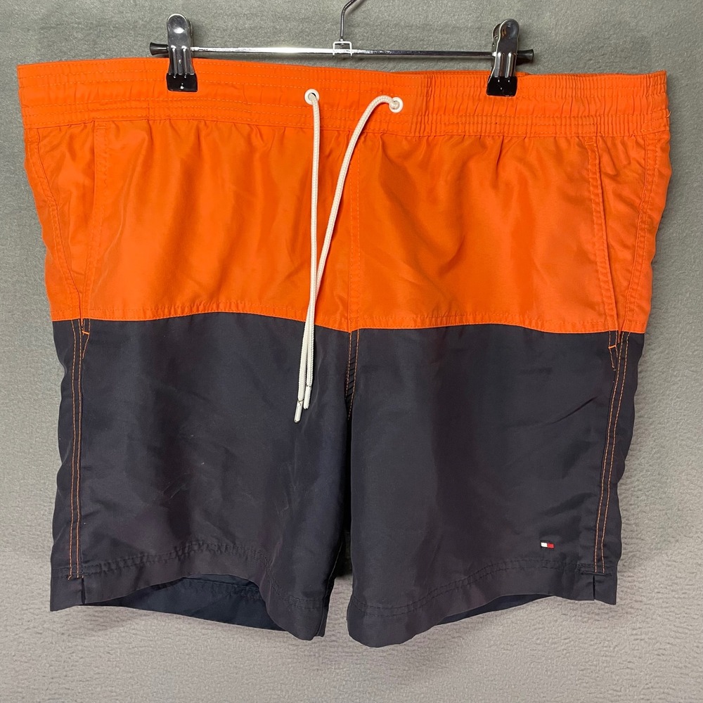Tommy Hilfiger Swim Trunks Mens L Orange Navy Colorblock Shorts